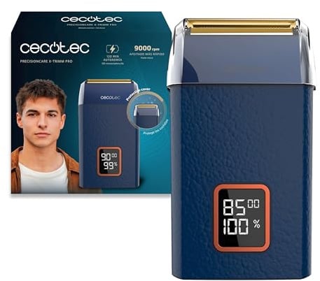 Cecotec PrecisionCare X-Trimm Pro Rasierer mit Klingen, Gehäuse aus Leder, Motor 9000 U/min, 3 Geschwindigkeitsstufen, Titanklingen, LED-Display mit Akku und U/min, Laufzeit 2 Stunden, Deckel