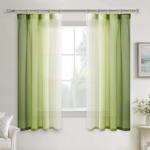 DWCN Olivergrün Farbverlauf Gardinen mit Kräuselband H160 x B140 cm 2er Set | Kurz Boho Vorhänge Schienensystem, Lüftig Transparent, Voile Schiebevorhänge für Fenster Wohnzimmer Schlafzimmer Kinderzimmer