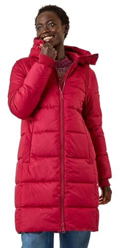 Roman Originals Padded Coat for Women UK - Ladies Longline Puffer Winter Quilted Parka Waterproof Rainproof Wind Resistant Thermal Jacket Long Length Warm Zip Hood Puffa Cosy - Red - Size 20