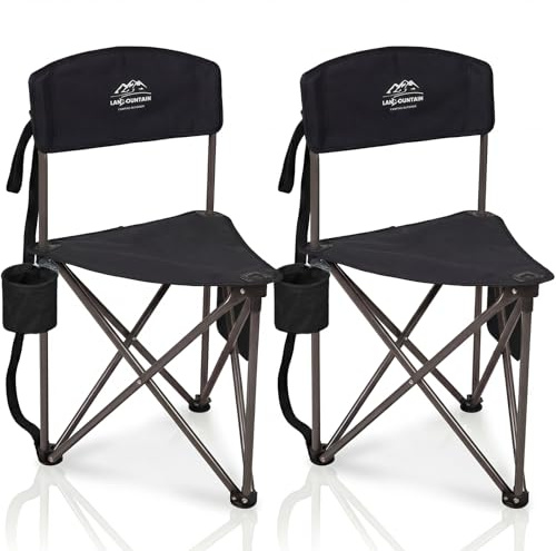 LANMOUNTAIN 2 Pack Folding Camping Tripod Stool with Backrest & Cup Holder, Lightweight Portable Outdoor Chairs for Adults, Compact 3-Leg Seat for Fishing, Hunting, Hiking & Travel w/Bag - Black