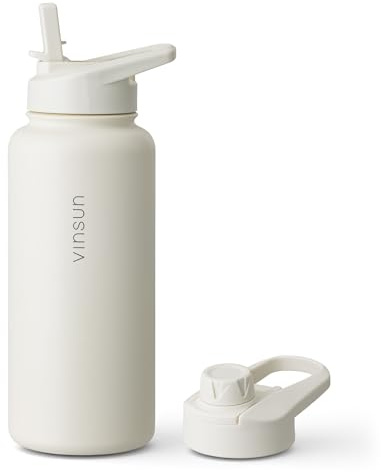 Vinsun Thermoflasche creme 1L inkl. 2 Deckel - Strohhalm & Trinköffnung | auslaufsicher, Kohlensäure geeignet, BPA frei - isolierte, leichte Trinkflasche Edelstahl Sport, Schule, Outdoor, Gym
