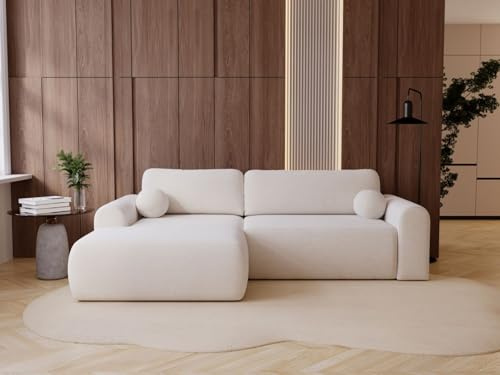 GRAINGOLD Savana L 257x177 cm, L-Form Sofa, Schlafcouch für Wohnzimmer, Bouclé-Stoff, 3-Sitzer Eckcouch, Ecksofa mit Bettkasten (Weiß, Links)
