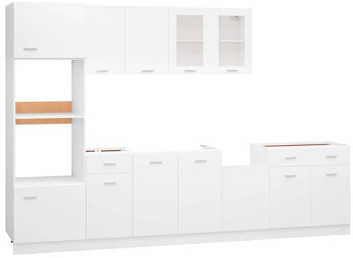 WRJENFSC 7-TLG. Küchenzeile Lyon, Küchenschrank-Set in Weiß, aus Holzwerkstoff, inkl. Glas-Hängeschrank, modernes Design (Hinweis: Ohne Arbeitsplatte und Elektrogeräte)