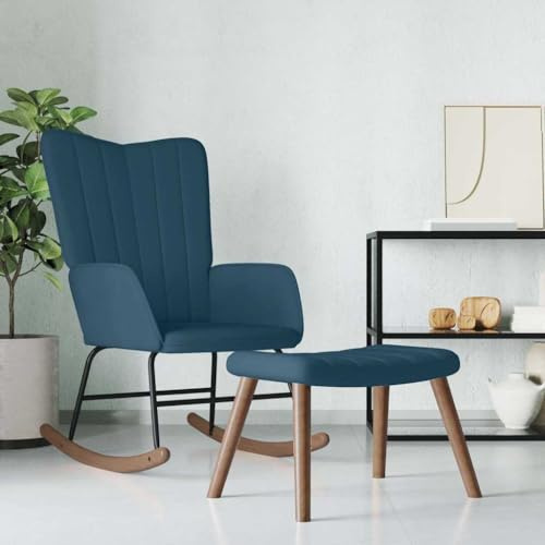 Runheo Schaukelstuhl mit Hocker Samt Blau, Relaxsessel mit Polster und Armlehne, Holz Kufenkufen, ergonomisch für Wohnzimmer, Schlafzimmer, Babyzimmer, Balkon, modern und skandinavisch