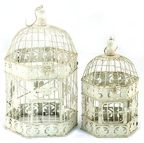 Dekokäfig 2er Set Antik Weiß Vogelkäfig 6-eckig Käfige 43+34cm Nostalgie Blumen