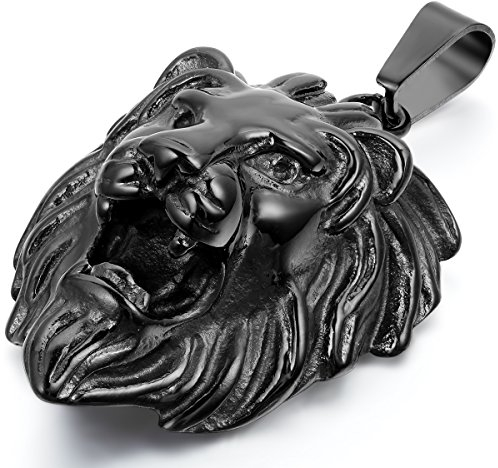 Cupimatch Herren-Halskette mit Löwenkopf-Anhänger, Edelstahl, 55,9 cm, Schwarz, Edelstahl