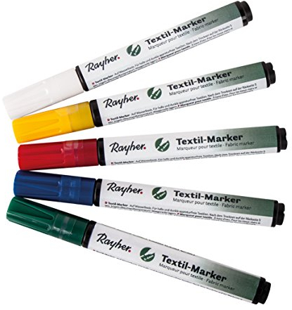 Rayher Textilmarker mit Ventil, Rundspitze 2-4mm, Set 5 Stück, weiß, gelb, rot, blau, grün, deckend, Textilstifte, Stoffmalstifte, 35009000