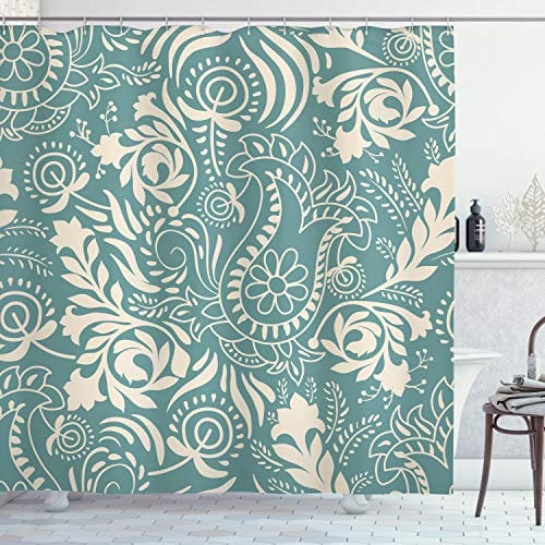 ABAKUHAUS Blumen Duschvorhang, Marrakesch Paisley, Stoffliches Gewebe Badezimmerdekorationsset mit Haken, 175 x 180 cm, Beige Teal