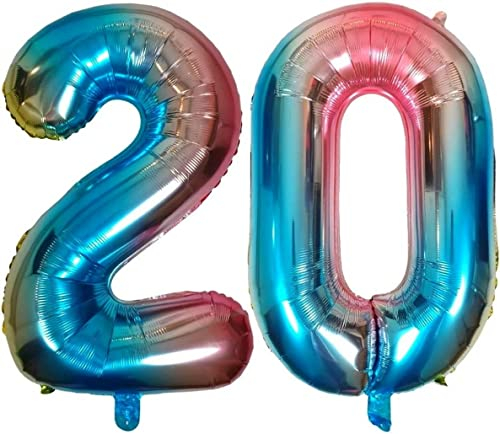 DIWULI Luftballon 20 Geburtstag XL Blau Regenbogen - Folienballon 20, Zahl 20 Ballon 20 Jahre, Geburtstagsdeko 20. Geburtstag Party-Deko Junge Mädchen, Zahlen-Ballon Groß Dekoration, Zahlen-Luftballon