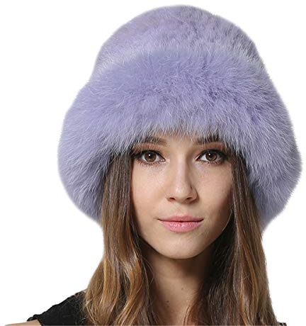KAISHIN Winter Echtstrickpelz Eimer-H¨¹te Damenh¨¹te mit Fuchspelzkrempe Helles Lila