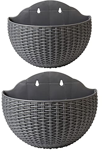 SENCC 2 vasi da fiori in rattan finto da appendere alla parete, a semicerchio, per esterni, con foro di drenaggio e ganci, cestino da giardino in plastica per recinzione del balcone (grigio)