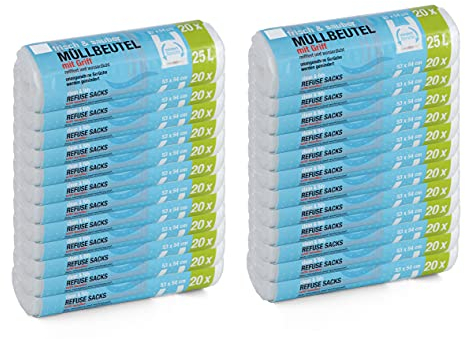 480 Stück Müllbeutel Premiumline: 25 Liter, 24er Pack, Größe: 53 x 54 cm - Besonders reißfest und wasserdicht - Mit Trage-Griff/Henkel