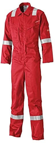 Dickies Pyrovatex Coverall Flame Retardant Overall 30'' LEG Boiler Suit Reflective Tape Side Pockets RED Regular 30'' Leg (48R)