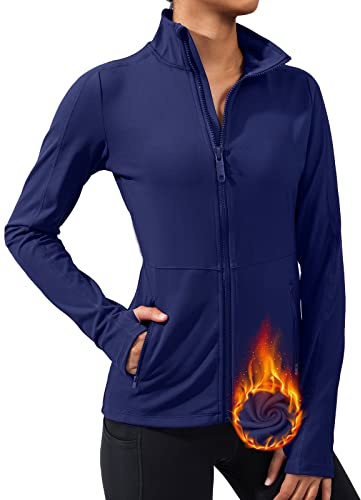VUTRU Giacca sportiva da donna, giacca da corsa a maniche lunghe, giacca da corsa con fori per il pollice, Blu – Giacca in pile, XS