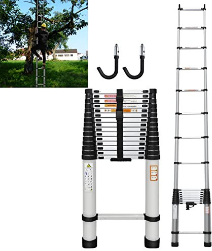 Portable Telescoping Ladder, 20ft/6.2M Aluminum Folding Ladder Expandable Ladder with 2 Detachable Hooks Anti-Slip Rubber Feet 330 lbs Max Capacity EN131 Certificated, Adjustable Step
