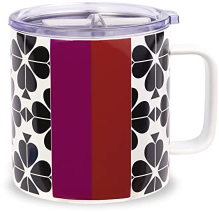 Kate Spade New York Stainless Steel Travel Mug with Handle and Lid, 16 Ounce Coffee Tumbler, Double Wall Insulated Cup (Black Spade Flower)