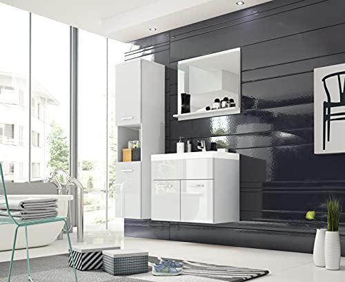MINIO go for it - 3-Teilig Badmöbel Set Monal I Hängeschrank I Spiegel mit Regal I Schrank mit Waschbecken I Laminierte Spannplatte I Griffe und Beschläge aus Metall I Weiß Matt Weiß Hochglanz
