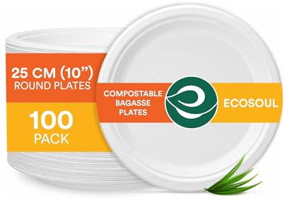 ECO SOUL Compostable White Paper Plates (25Cm) 10 Inch [100-Pack] Heavy Duty Disposable Sugarcane Bagasse Dinner Plates | Eco Friendly Biodegradable Microwave Safe Party Plates