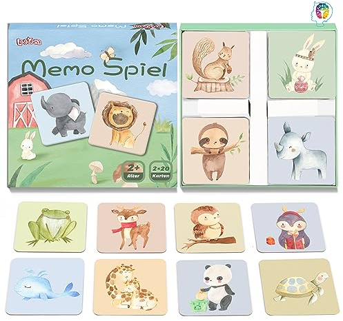 Memory Spiel ab 2 3 4 Jahre – Montessori Lernspielzeug mit 40 Tierkarten – Memo Spiel für Kinder, Mädchen & Jungen – Reisespiel, Geschenk zum Geburtstag oder Ostern