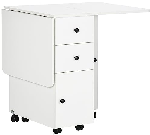 HOMCOM Folding Dining Table for 4-6, Rolling Drop Leaf Table with Storage Drawers, Cabinet and Open Shelf, Extendable Kitchen Table on Wheels, White
