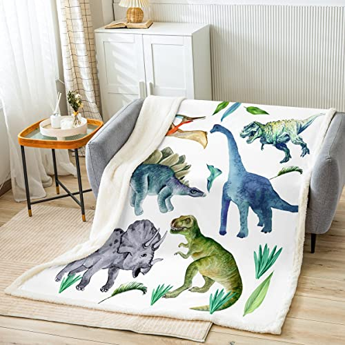 Loussiesd Dinosaurier Kuscheldecke Kinder Schlafzimmer Cartoon Dino Tier Dekor Wohndecke für Jungen Weiß Wohndecke Atmungsaktive Aquarell Dschungel Tier Wildlife Flanell Fleecedecke 75x100cm Decke