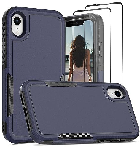 Jeylly for iPhone XR Case with [2 Pack Tempered Glass Screen Protector] Shockproof Soft Silicone Bumper Thin Slim Full Body Protective Cell Phone Cover for iPhone XR 6.1-inch, Navy Blue