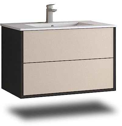 Stil.Zeit Evelia Badmöbel inkl. Waschbecken | Waschtisch mit Unterschrank 80.5 cm | Anthrazit/Creme | Push-to-Open/hängend