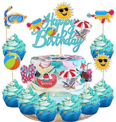 25 Stück Sommer Strand Pool Tortendeko Ball Sonne Regenschirm Hausschuhe Kuchen Deko Baby Dusche Hawaii Strand Pool Cake Toppers für Geburtstag Party Kuchen Dekorationen