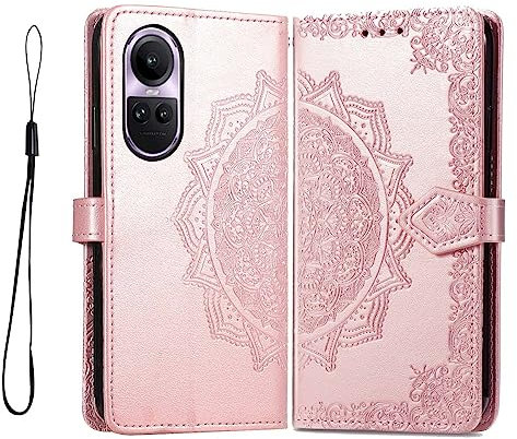 PEIYE Cover Pelle per Oppo Reno 10 5G / Reno 10 PRO 5G, Portafoglio PU Pelle Slot Schede, Custodia Cavalletto Stile Libro Chiusura Magnetica, Flip Case,Oro Rosa