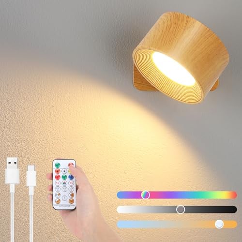 Lightess Lampada da Parete Senza Fili Batteria Ricaricabile RGB Applique da Parete Interno Touch Telecomando Luce Parete Legno 3 Colori Luminosità Dimmerabile Ruotare di 360° Magnetica Lampada da Muro