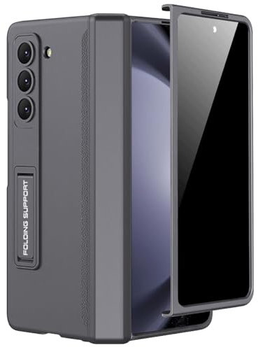 Miimall Kompatibel mit Samsung Galaxy Z Fold 5 Hülle mit Displayschutz Anti-Peeping+Magnetischer Scharnierschutz, Hart PC All Inclusive Stoßfest Schutzhülle mit Ständer für Z Fold 5 5G-Grau