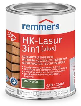 Remmers Barniz HK 3 en 1 [plus] verde abeto mate, 0,75 litros, barniz protector de madera premium reducido con disolventes para exteriores, 3 en 1, secado rápido, duradero