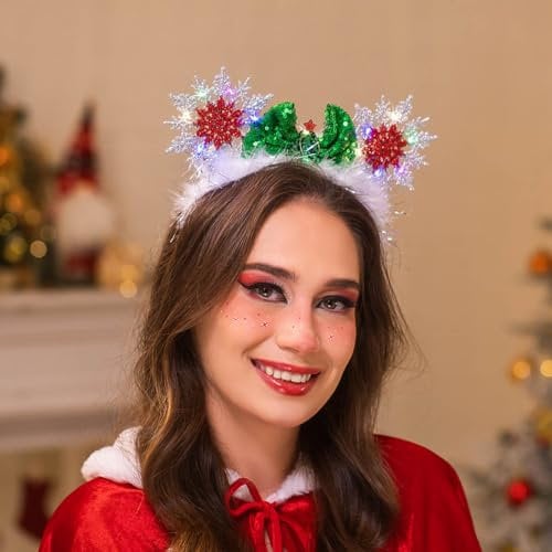 IYOU Light Up Christmas Headband Green Mouse Ear Led Hair Bands Snowflake Bowknot Headwear Xmas Cosplay Costume Hair Accessories for Women