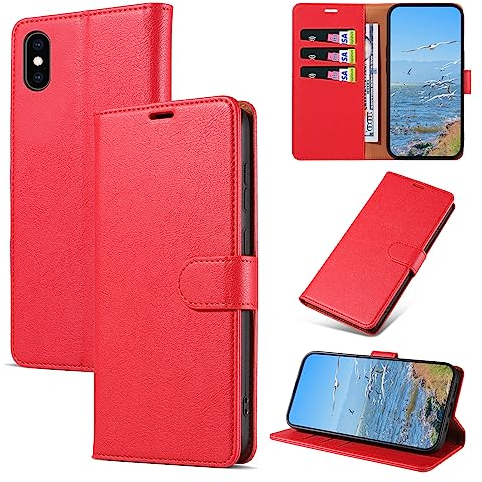 KKEIKO Handyhülle für iPhone XS Max Hülle, Magnet Klappbar Handyhülle mit Kartenfach, PU Leder Stoßfest Schutzhülle für iPhone XS Max, Rot