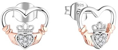 Old English Jewellers 925 Sterling Silver & Rose Gold CZ CLADDAGH Stud Earrings Irish Celtic Love, Loyaly & Freindship