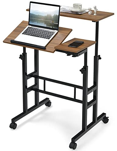 COSTWAY Height Adjustable Standing Desk, Mobile Laptop Table Computer Desk with Flip-over Desktop and Wheels, 2-Tier Laptop Cart Sit Stand Table Writing Workstation for Home Office (Black + Coffee)