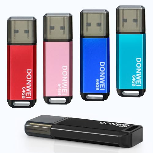 Cle USB 64 Go, Clé USB,Lot de 5 Clés USB avec Lumière LED Rapide Grande Capacité, Métal Clef USB Mémoire Externe pour Le Stockage de Musique et des Dossiers (Rose, Rouge, Bleu, Noir, Cyan)