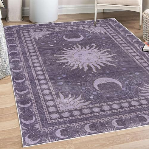 ABAKUHAUS Sonne und Mond Dekorativer Teppich, Bohemian Okkultes Design, Hochwertiger Flächenteppich für Schlafzimmer und Wohnzimmer, 157x229 cm, Indigo