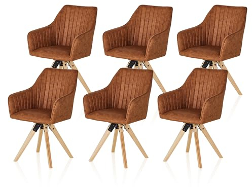 KHG Esszimmerstühle drehbar 6er Set, Drehstuhl mit Armlehnen Mikrofaser Braun, Stuhlbeine Holz Esche, Küchenstuhl, Polsterstuhl, Essstuhl, Armlehnstuhl, für Esszimmer Küche Büro