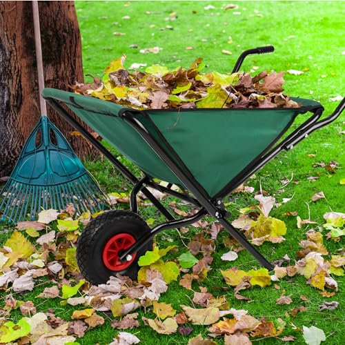 Folding Wheelbarrow - Collapsible Garden Cart with 80lb Capacity, Storage Pouches, and Padded Handles - Wheelbarrows for Lawn Care by Pure Garden (Green)