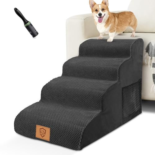 HEVOL Hundetreppe für Kleine Hunde, 4 Stufen Haustiertreppe mit Abnehmbarem, Hochdichtem Schwamm Hunderampe mit Waschbarem, Hunde Treppe für Bett und Sofa Schwamm(Schwarz)