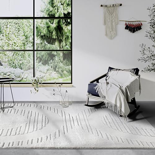 ELLE Decoration Hochflor Teppich Bartoux – Moderner Wohnzimmerteppich, Langflor Shaggy, Modernes Muster, Flauschig Weich Boho für Wohnzimmer, Schlafzimmer – Cremeweiß, 80x120cm
