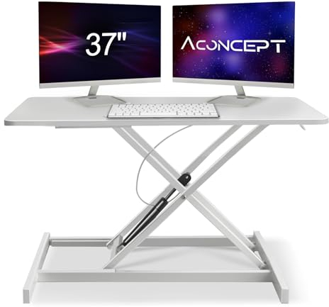 Aconcept Stehtisch-Konverter, Gasdruckfeder auf 50,8 cm Höhe, Dual-Monitor- und Laptop-Arbeitsplatz, vormontiert, höhenverstellbar, Sitz- und Stehtischerhöhung, Weiß