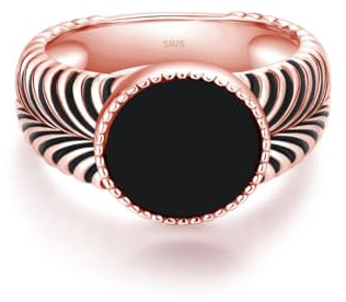 Eleganter Herrenring aus 925 Sterling Silber mit Schwarzem Stein – Massiver Silberring für Männer – Klassisches Design, Hochglanzpoliert – Schmuck für Herren in Silber und Rosegold (Rosegold, 62)