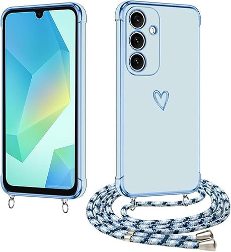 E-Lush Handyhülle Samsung Galaxy A16 5G Hülle mit Band, Herz Love Muster Galvanik Silikon Handy Hülle Samsung A16 Schutzhülle mit Kordel zum Umhängen Kameraschutz Stoßfeste Case, Blau