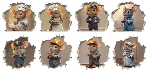 SUPERDANT 8 Stickers Muraux 3D en Forme de Souris Qui Traverse le Mur Sticker Mural pour Souris Woker Sticker Mural pour Chef et Souris à Décoller et à Coller Stikers Murals Autocollants Décoratifs