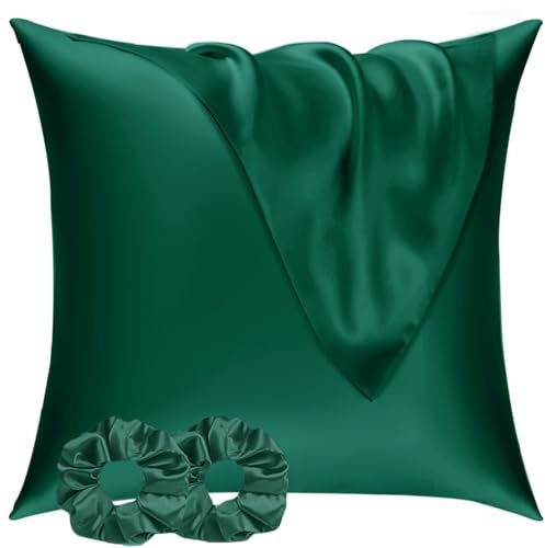 Vielit Satin Kissenbezug 60x60 2er Set & 2 Haargummis, Satin Kopfkissenbezug Dunkelgrün, Weich wie Seidenkissenbezug 60x60,Bessere Pflege als Silk Pillosecase,Kissenhülle Kissenbezug für Haar und Haut