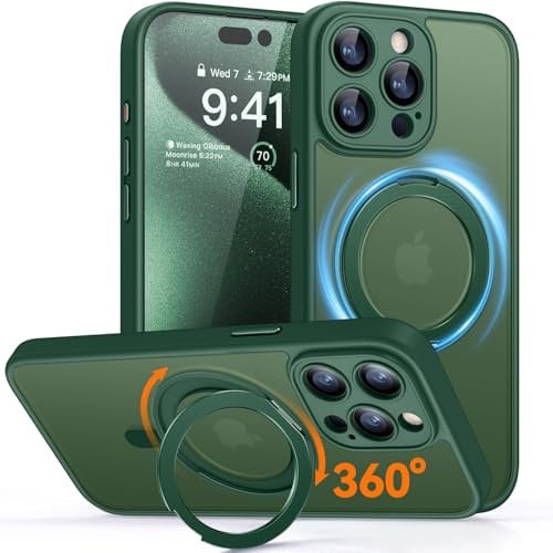 CANSHN Magnetic for iPhone 15 Pro Max Case (6.7) with 360° Spin Stand, Upgraded [Full Camera Protection] [Compatible with Magsafe] [Translucent Matte] Shockproof Protective Phone Cover, Deep Green