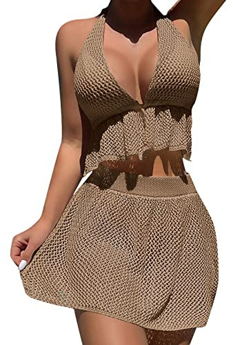 HUANGENG Strickset für Damen, Tanktop und Rock, Badeanzug, Strandkleidung