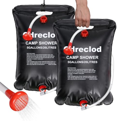 Qdreclod 2 x Solar Duschtasche, Solar Dusche Tasche 5 Gallonen/20L Tragbare Solarheizung Camping Warmwasser 45°C Schlauch Duschkopf Wandern Klettern Campingdusche Solardusche